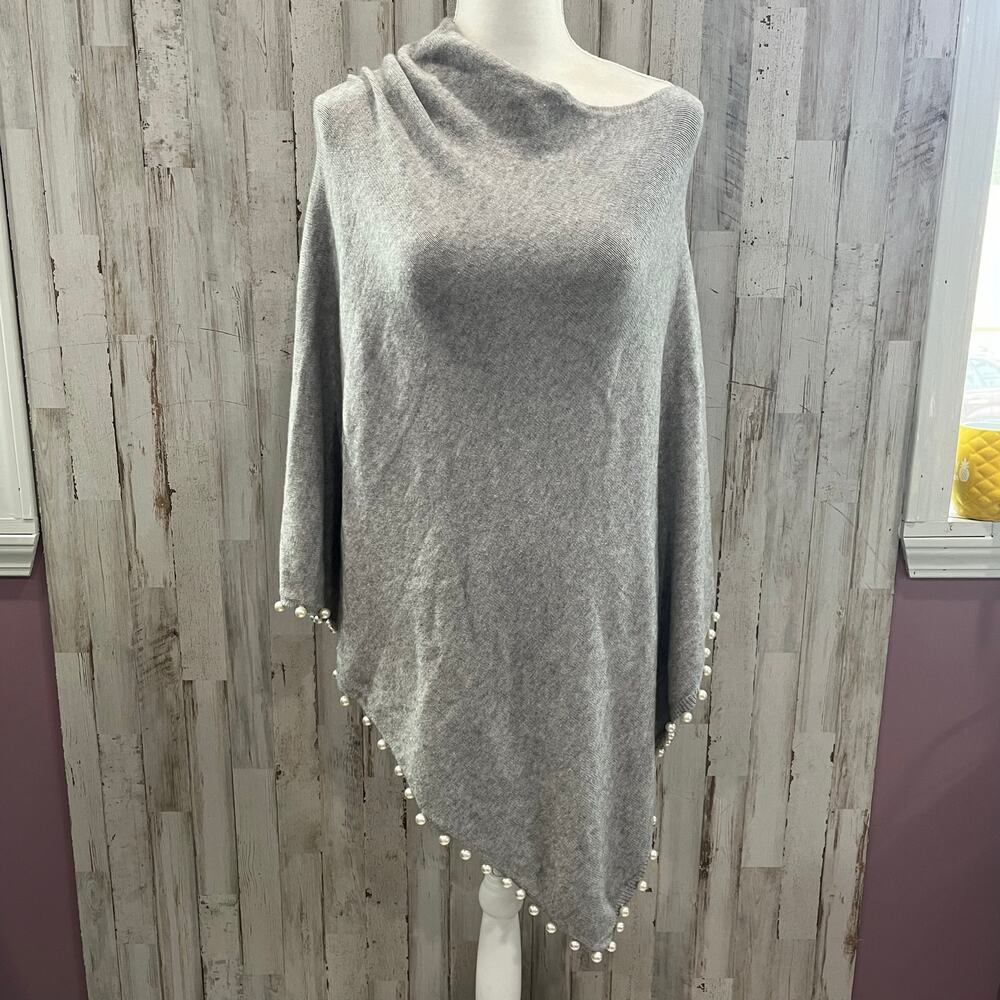 Bluoltre Gray Sweater Poncho Pearl Trim Womens One Size Soft Cozy
